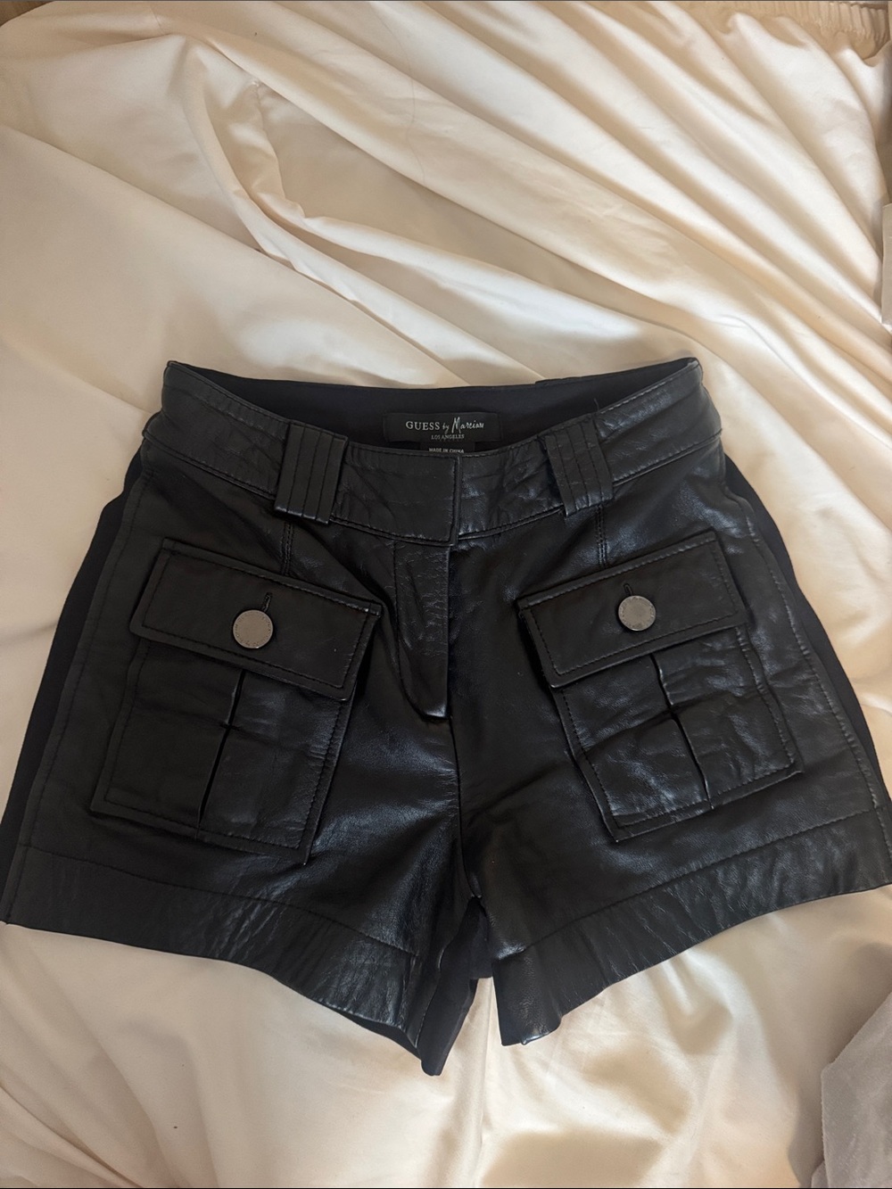 GUESS Black Faux Leather Cargo Shorts with Front Flap Pockets